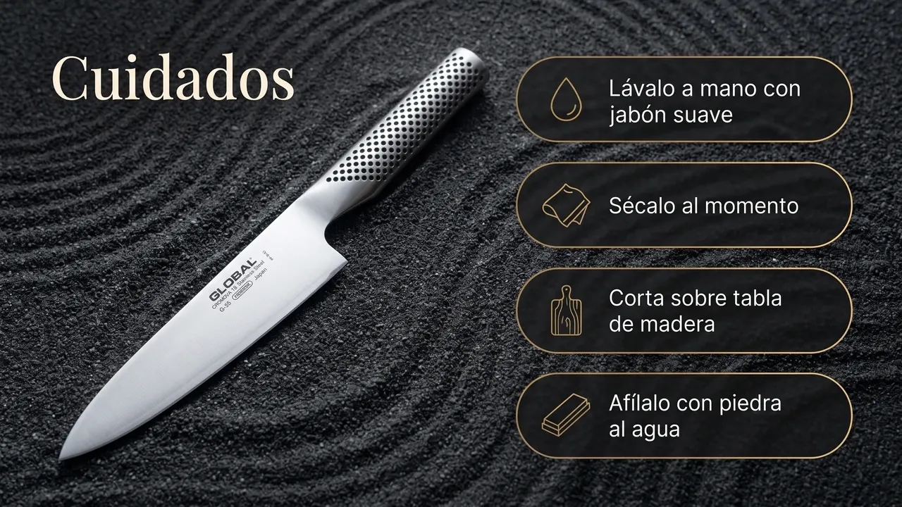 Cuidados del Global G-55 Chef: lavarlo a mano con jabón suave, secarlo al momento, cortar sobre tabla de madera y afilarlo con piedra al agua