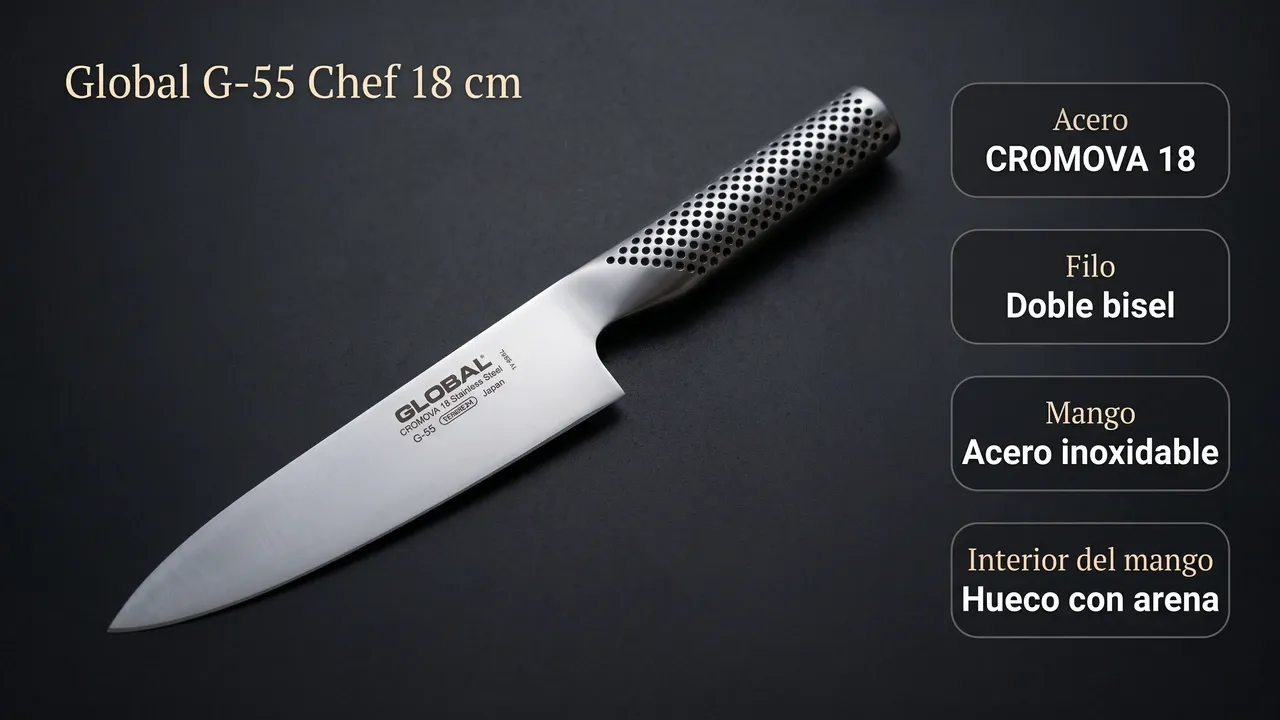 Ficha técnica del Global G-55 Chef de 18 cm: acero CROMOVA 18, filo de doble bisel y mango de acero inoxidable hueco con arena
