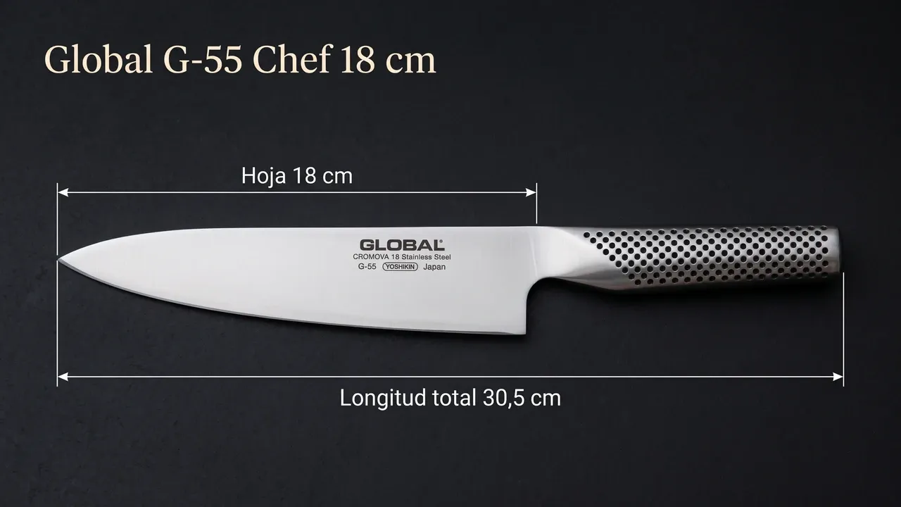 Medidas del Global G-55 Chef: hoja de 18 cm y 30,5 cm de longitud total, acotadas sobre cemento pulido oscuro