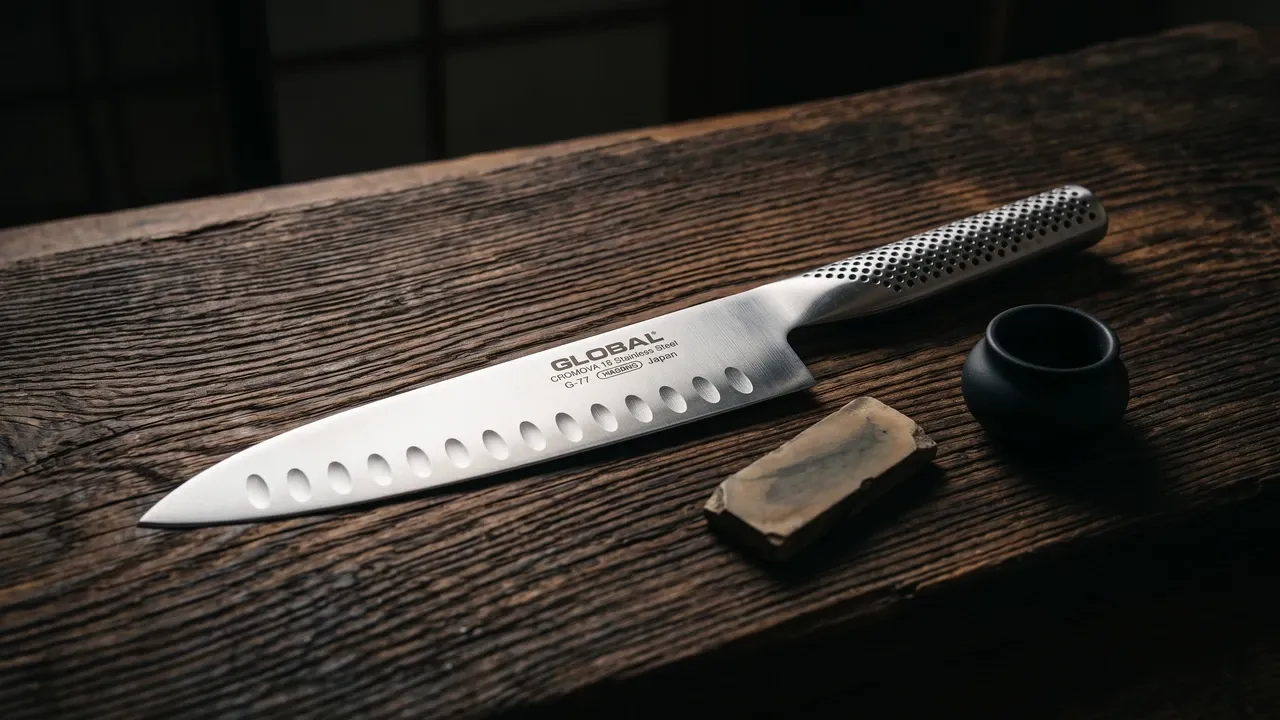 Cuchillo Global G-77 Chef alveolado de 20 cm sobre un tablón de hinoki envejecido, junto a un fragmento de piedra de afilar y un pequeño incensario negro