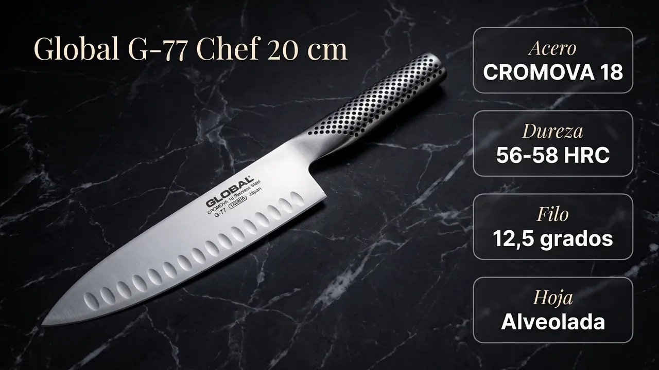 Ficha técnica del Global G-77 Chef alveolado de 20 cm: acero CROMOVA 18, dureza de 56-58 HRC, filo a 12,5 grados y hoja con alveolos