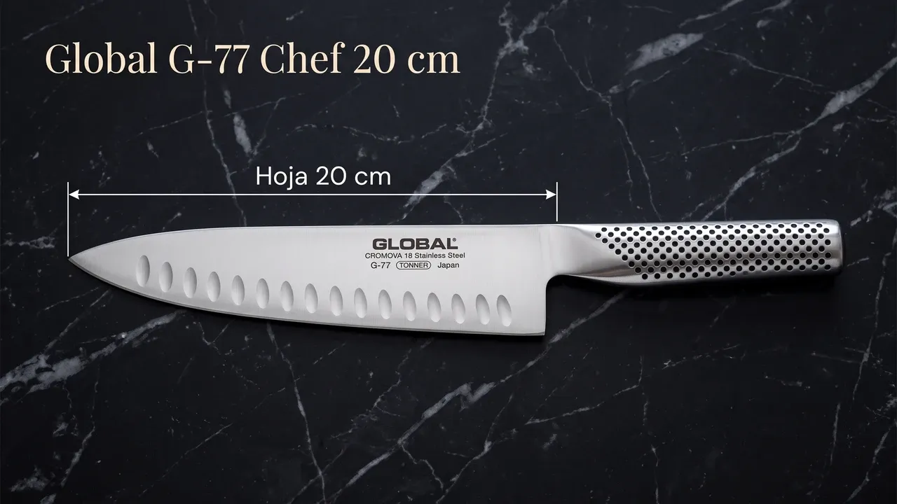 Medidas del Global G-77 Chef alveolado: hoja de 20 cm acotada sobre mármol negro, de la punta al talón