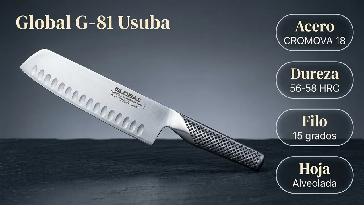 Ficha técnica del usuba Global G-81: acero CROMOVA 18, dureza 56-58 HRC, filo a 15 grados y hoja alveolada antiadherente