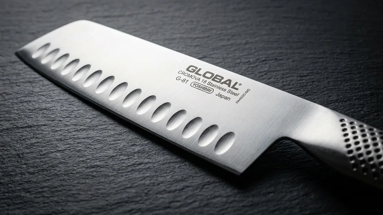 Detalle de la hoja acanalada del usuba Global G-81, con la fila de alvéolos que evitan que la comida se pegue