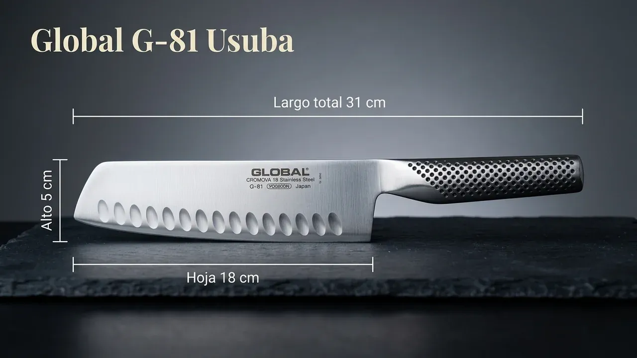 Medidas del cuchillo usuba Global G-81: 31 cm de largo total, 18 cm de hoja y 5 cm de alto, con la hoja alveolada