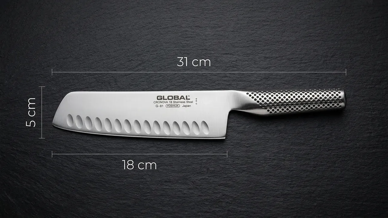 Cuchillo usuba Global G-81 de verdura con sus medidas: 31 cm de largo total, 18 cm de hoja y 5 cm de alto, con hoja acanalada