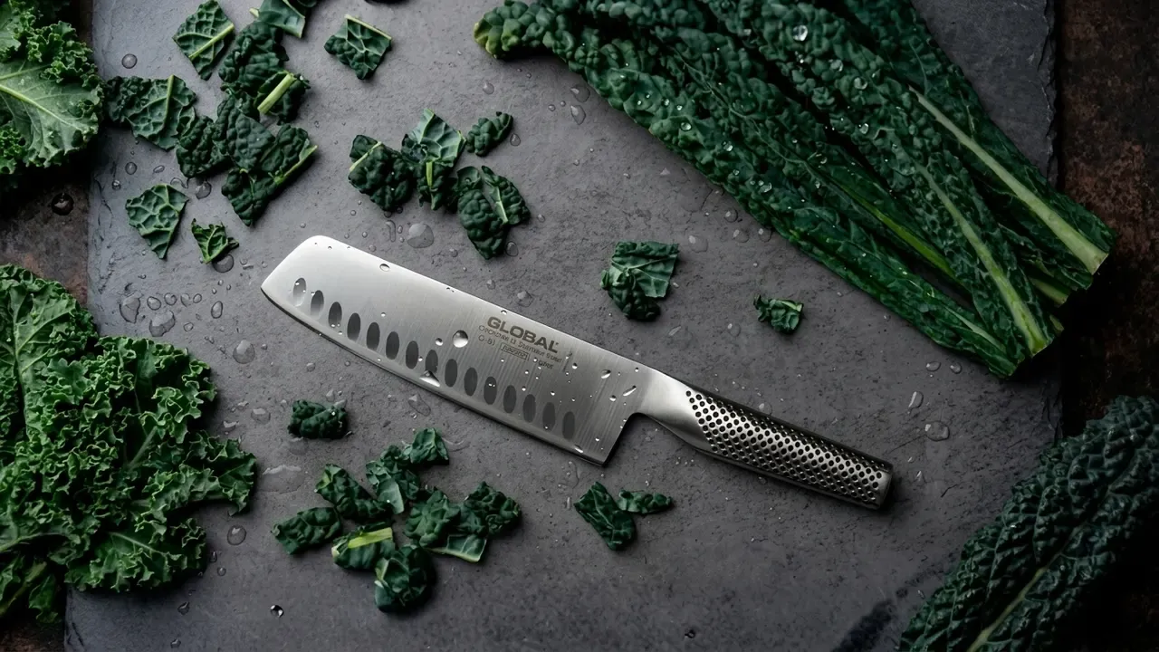 Cuchillo usuba Global G-81 rodeado de kale y cavolo nero recién cortados sobre una superficie oscura