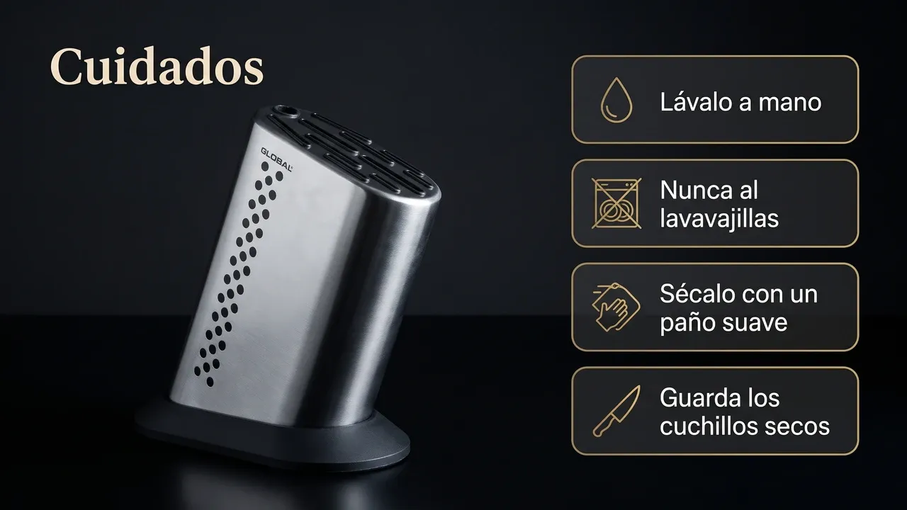Cuidados del bloque Global G-835/BD según Global: lavarlo a mano, nunca al lavavajillas, secarlo con un paño suave y guardar los cuchillos secos