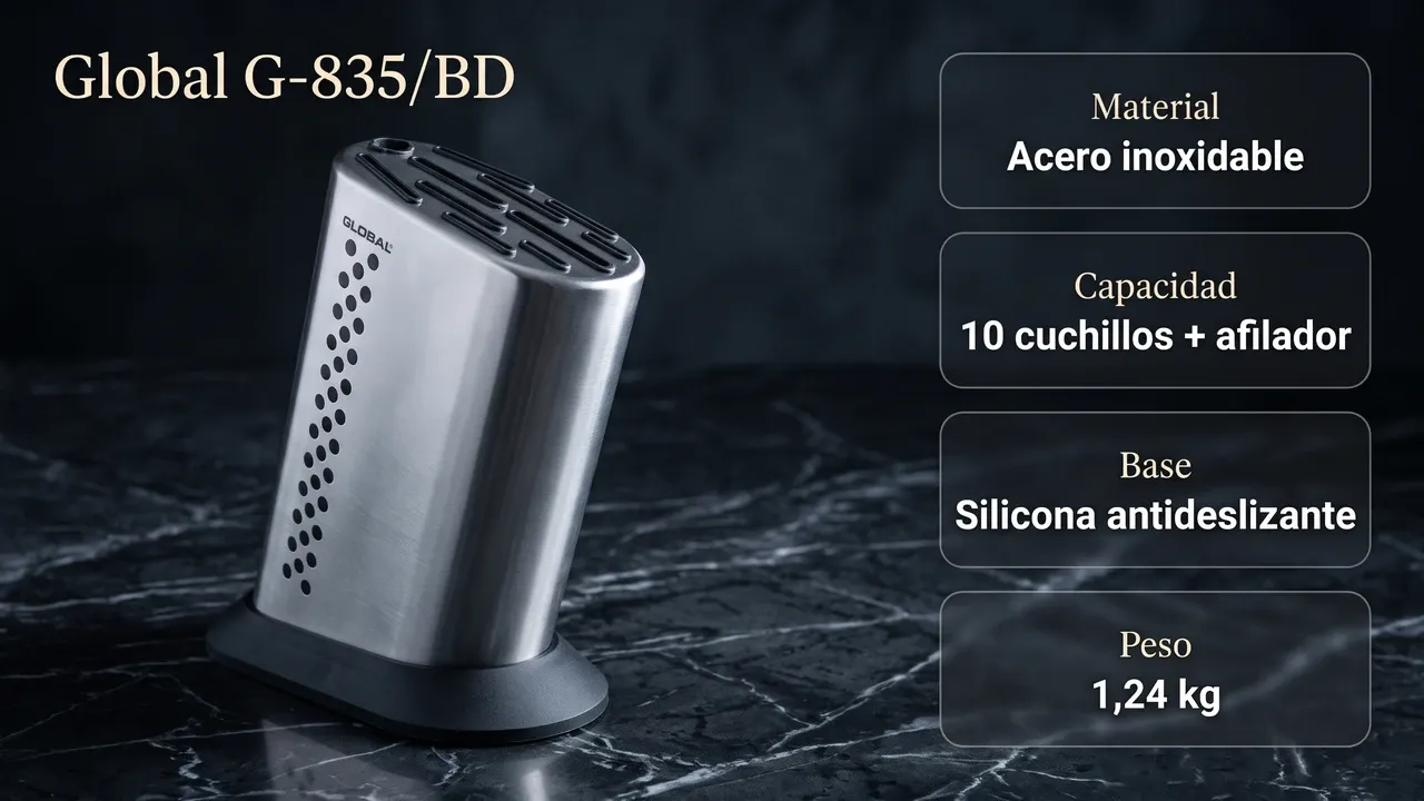 Ficha técnica del bloque Global G-835/BD de acero inoxidable: diez cuchillos y un afilador, base de silicona antideslizante y 1,24 kg