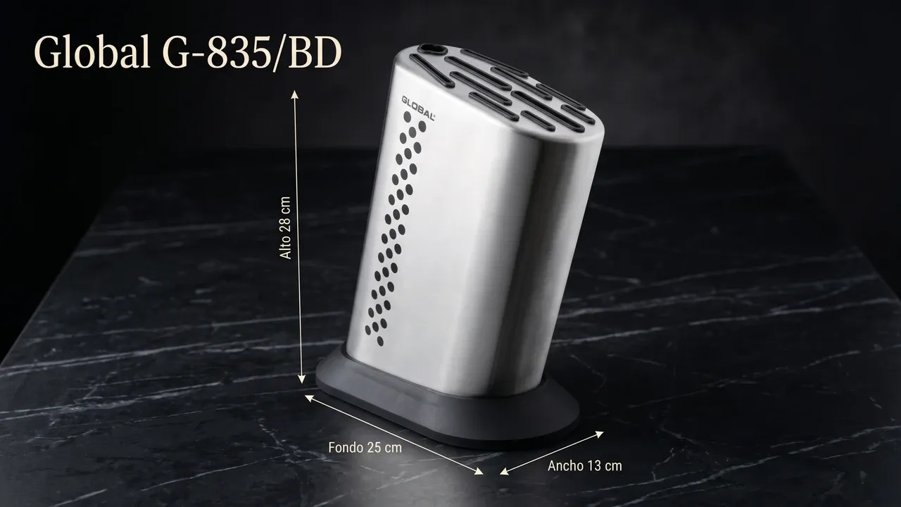 Medidas del bloque Global G-835/BD: 28 cm de alto, 25 cm de fondo y 13 cm de ancho, acotado sobre mármol negro