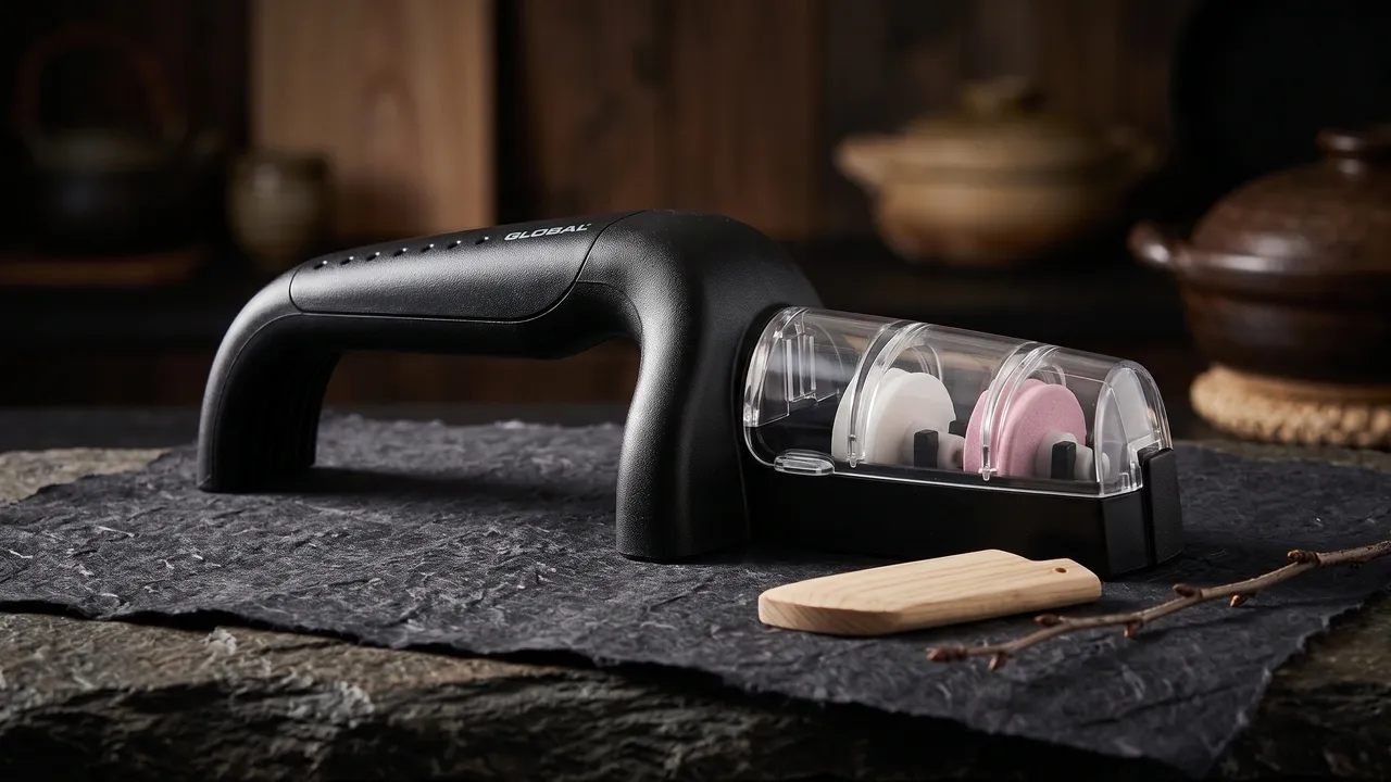 Afilador Global Minosharp G-91/BW sobre papel washi oscuro y piedra, junto a una pieza de saya de hinoki y una rama seca de cerezo