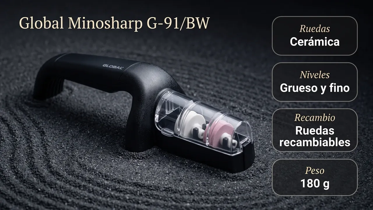 Ficha técnica del afilador Global Minosharp G-91/BW: ruedas de cerámica, dos niveles grueso y fino, ruedas recambiables y 180 gramos de peso