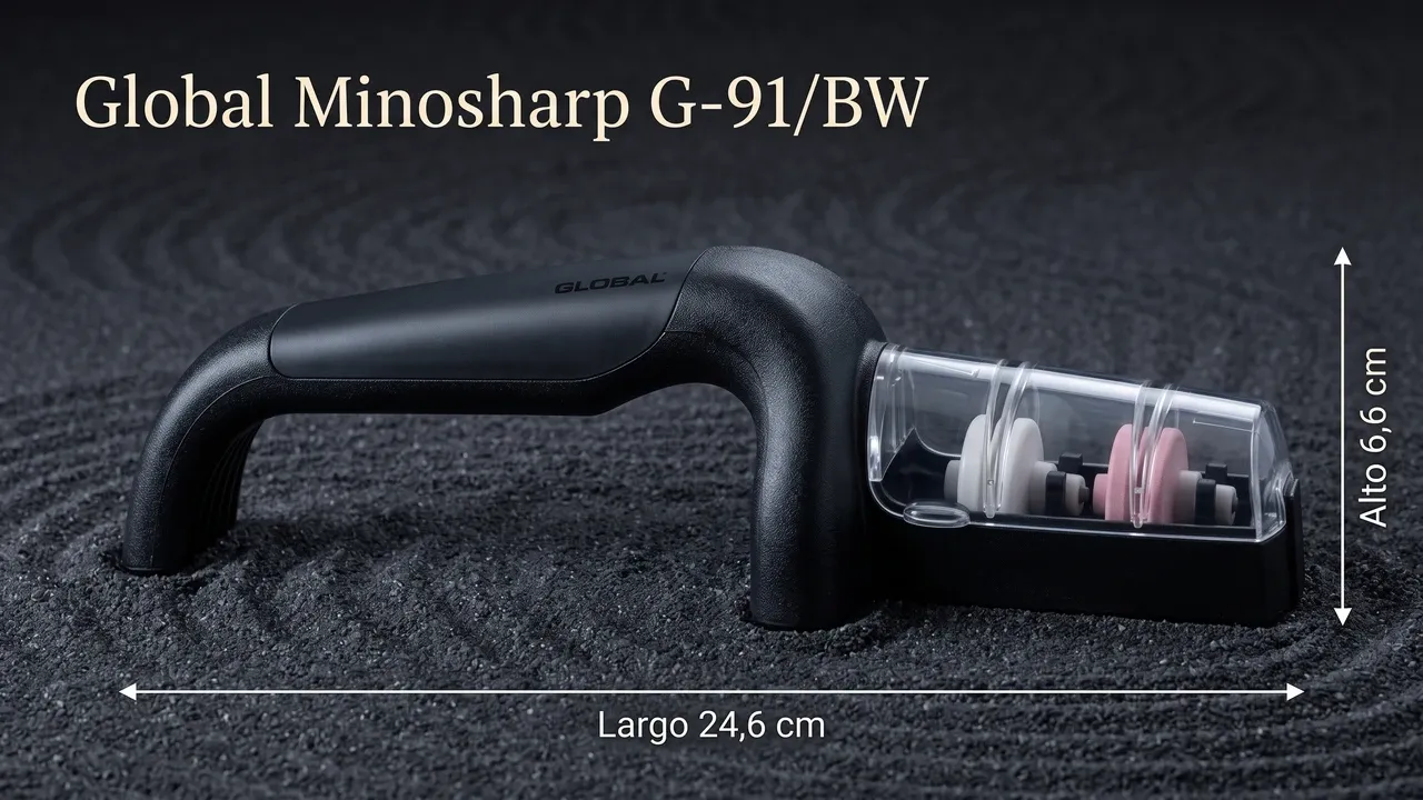 Medidas del afilador Global Minosharp G-91/BW: 24,6 cm de largo y 6,6 cm de alto, acotadas sobre arena zen oscura