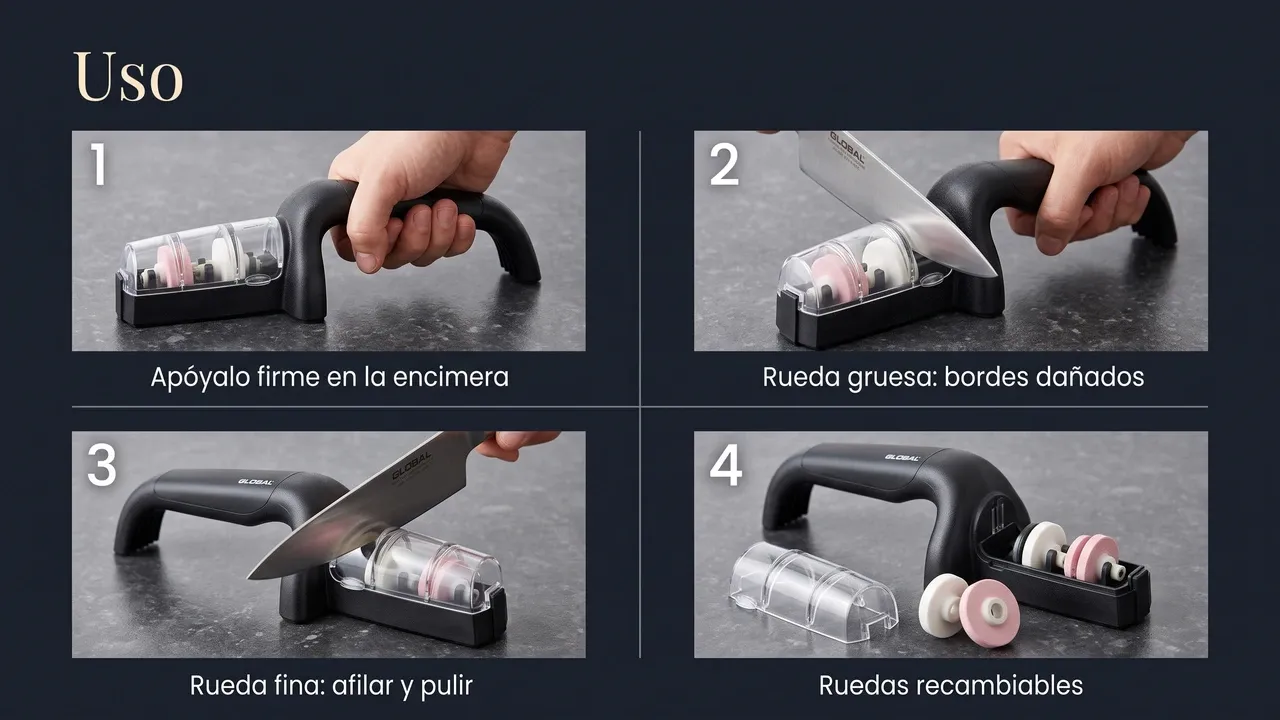 Cómo se usa el afilador Global Minosharp G-91/BW: apoyarlo en la encimera, rueda gruesa para bordes dañados, rueda fina para afilar y pulir, y ruedas recambiables