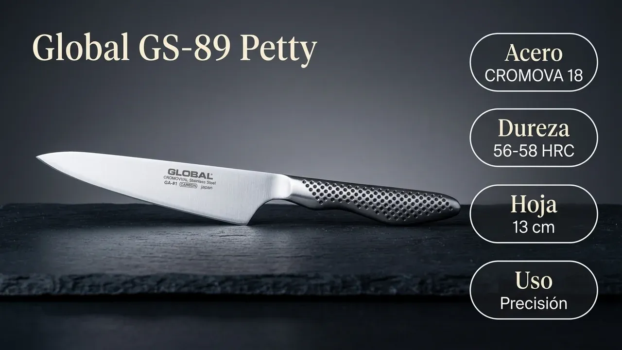 Ficha técnica del petty Global GS-89: acero CROMOVA 18, dureza 56-58 HRC, hoja de 13 cm y uso de precisión