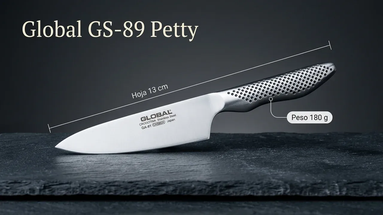 Medidas del cuchillo petty Global GS-89: hoja de 13 cm y unos 180 g de peso, con mango de acero de hoyuelos