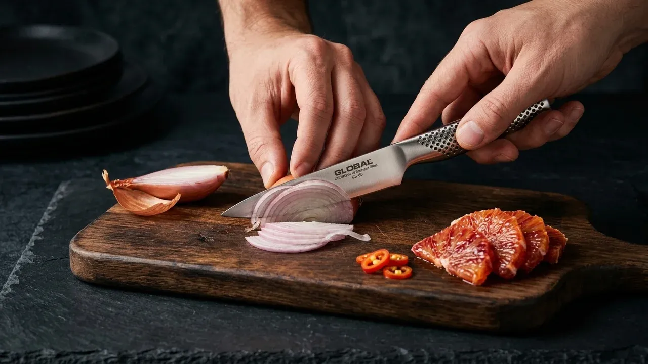 Cuchillo petty Global GS-89 cortando chalota en rodajas finas sobre una tabla de madera, en una tarea de precisión