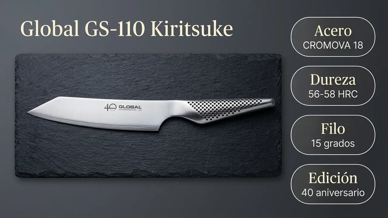 Ficha técnica del kiritsuke Global GS-110: acero CROMOVA 18, dureza 56-58 HRC, filo a 15 grados y edición del 40 aniversario