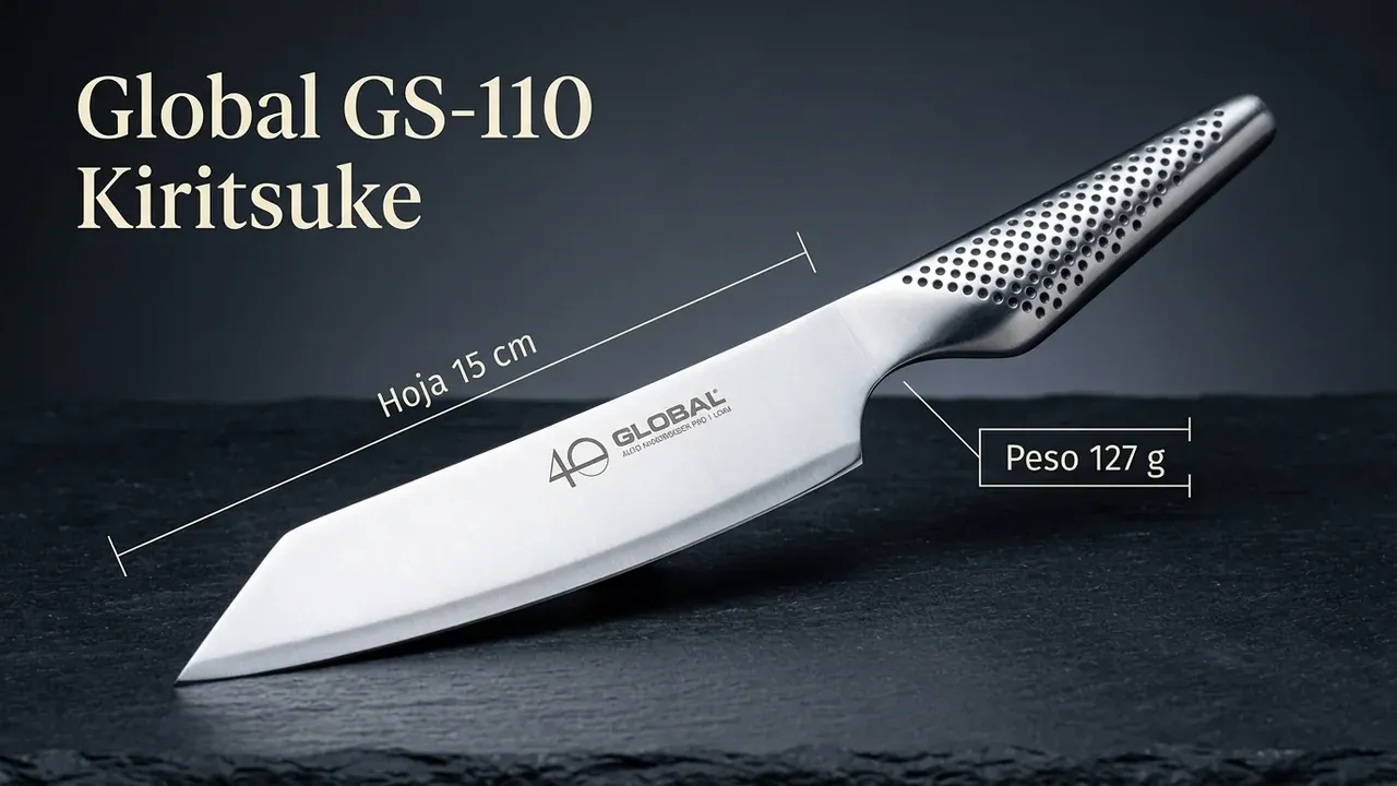 Medidas del cuchillo kiritsuke Global GS-110: hoja de 15 cm y unos 127 g de peso, con la punta angular característica