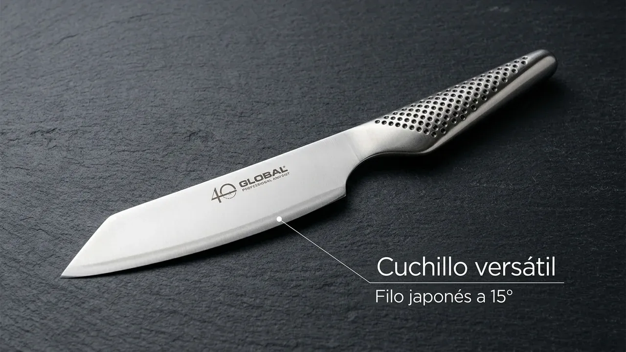 Cuchillo kiritsuke Global GS-110 con su punta angular característica y el filo japonés a 15 grados