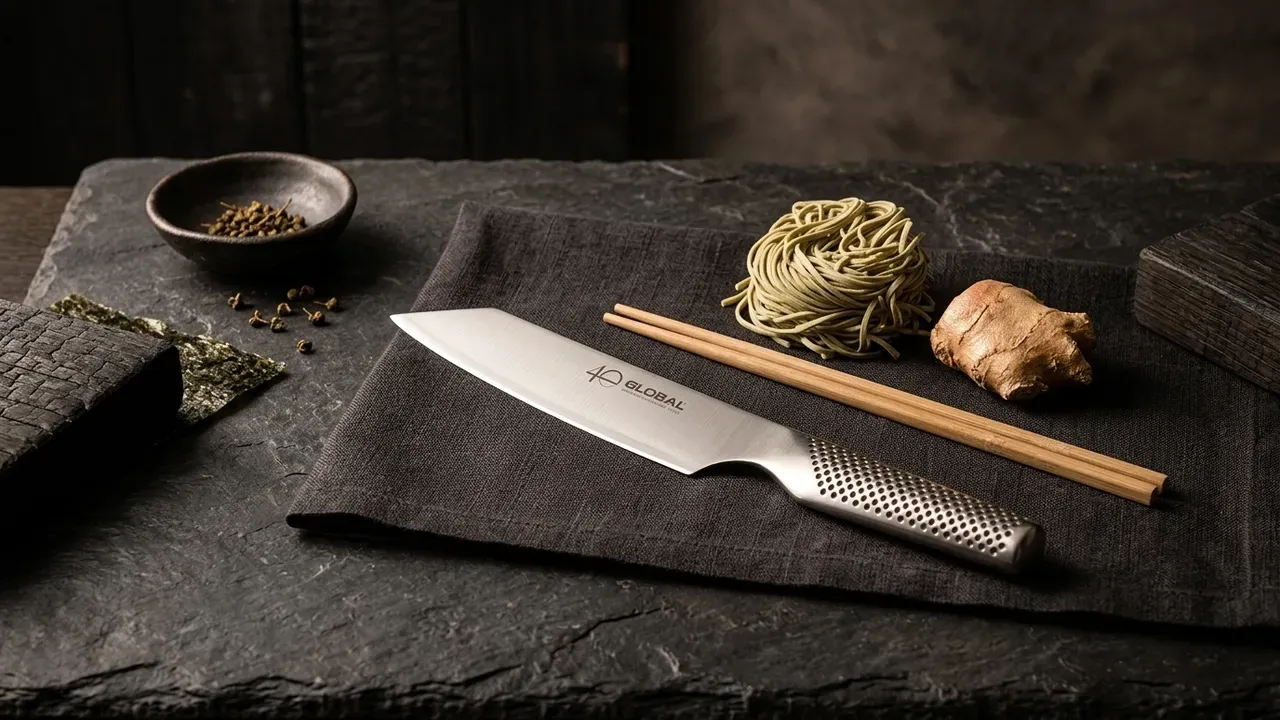 Cuchillo kiritsuke Global GS-110 sobre un mantel de lino junto a fideos soba, palillos y jengibre fresco