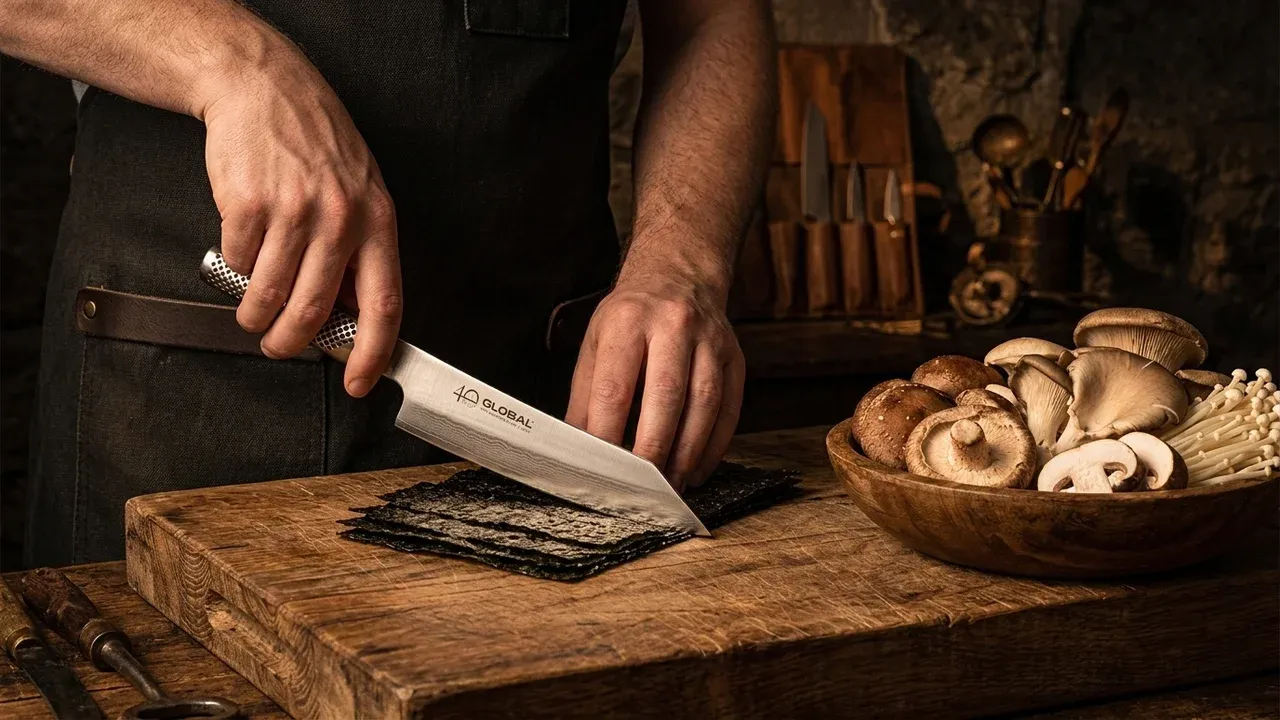 Cuchillo kiritsuke Global GS-110 cortando hojas de nori sobre una tabla de madera, con un bol de setas al lado