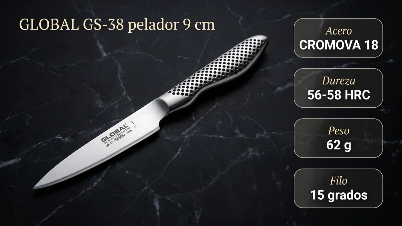 Datos del pelador Global GS-38: acero CROMOVA 18, 56-58 HRC, 62 gramos de peso y filo a 15 grados