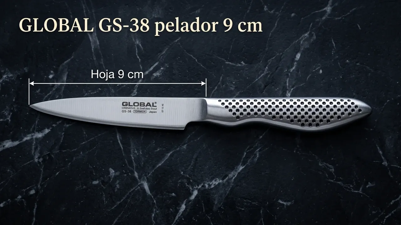 Cota de la hoja del Global GS-38 sobre mármol negro: 9 cm medidos de la punta al arranque del mango