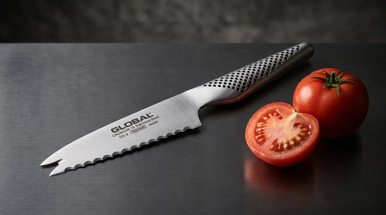 Tomatero Global GS-9 para zurdos sobre acero cepillado oscuro, junto a un tomate entero y otro partido Tomatero Global GS-9 para zurdos sobre acero cepillado oscuro, junto a un tomate entero y otro partido