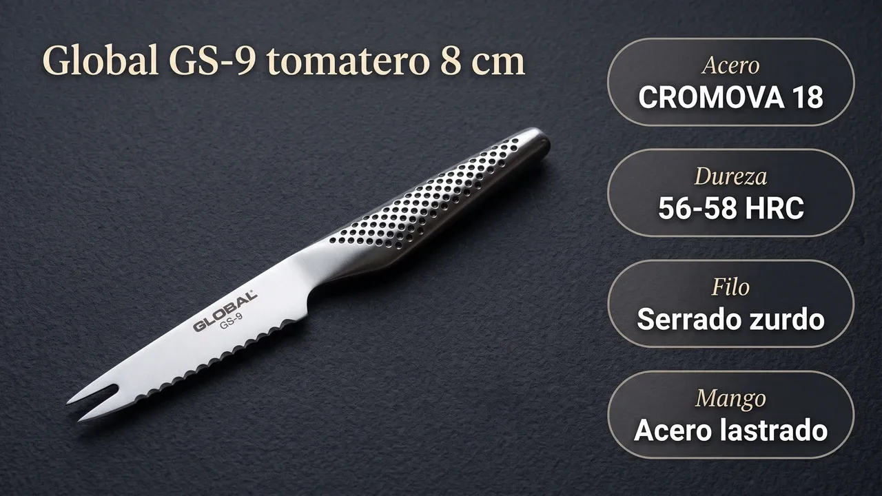 Ficha técnica del tomatero Global GS-9 zurdo: acero CROMOVA 18, 56-58 HRC de dureza, filo serrado invertido y mango de acero lastrado