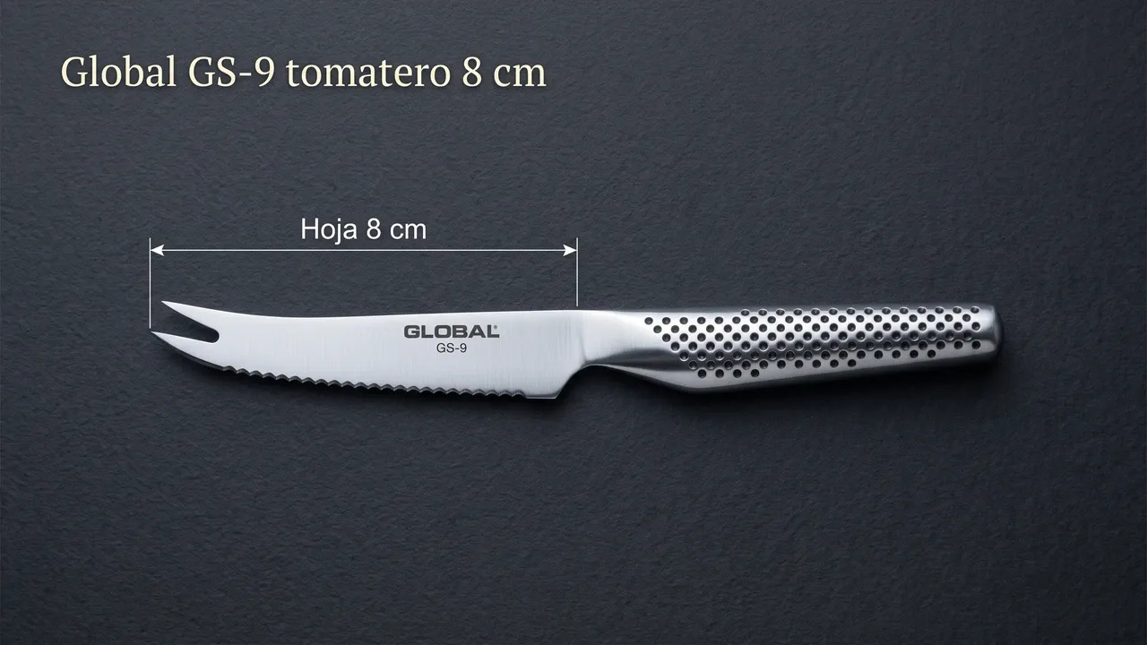 Medidas del tomatero Global GS-9 para zurdos: 8 cm de hoja serrada con punta bifurcada, con el mango de acero fuera de la cota