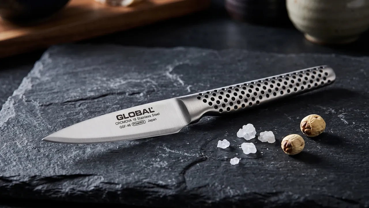 Cuchillo pelador Global GSF-46 de 8 cm sobre pizarra oscura rugosa, junto a unos cristales de sal marina y dos semillas de loto