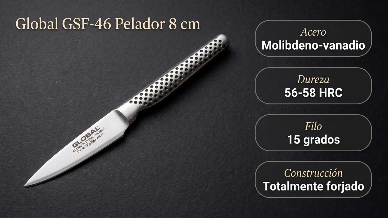 Ficha técnica del pelador Global GSF-46 de 8 cm: acero al molibdeno-vanadio, dureza de 56-58 HRC, filo a 15 grados y construcción totalmente forjada