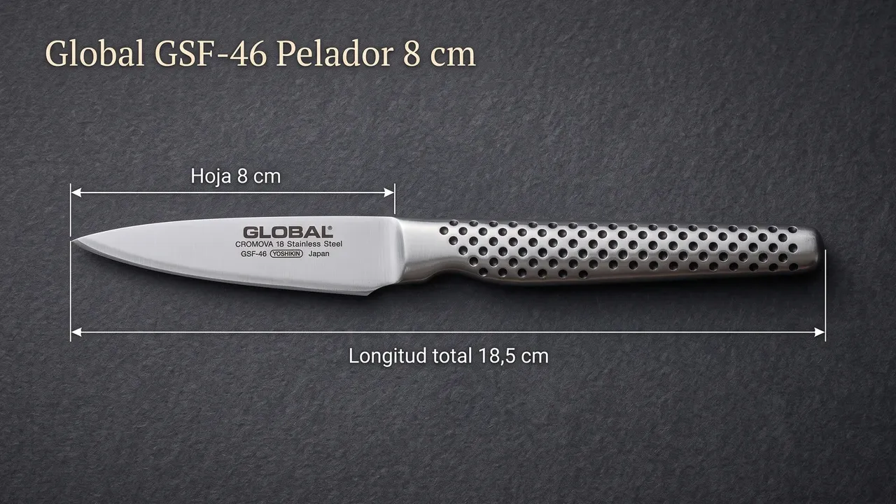 Medidas del pelador Global GSF-46: hoja de 8 cm y 18,5 cm de longitud total, acotadas sobre papel texturado oscuro