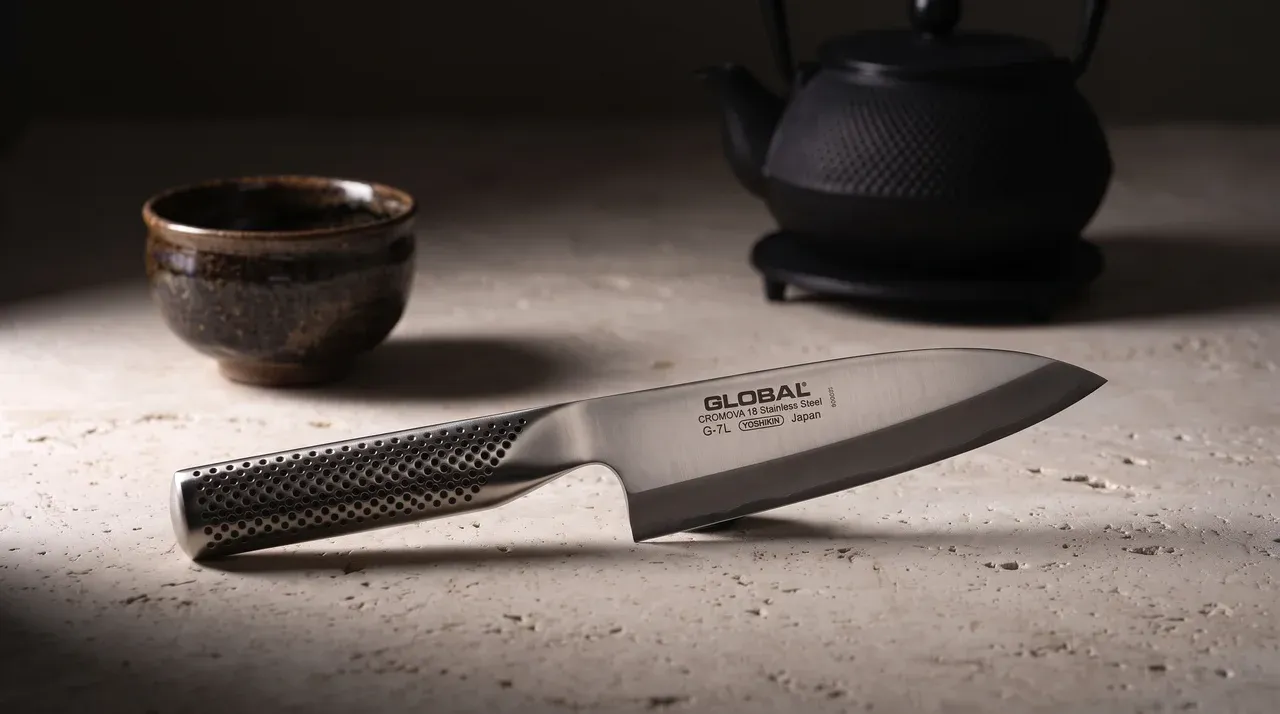 Deba oriental Global G-7L para zurdos sobre caliza clara, con un cuenco chawan de cerámica al fondo Deba oriental Global G-7L para zurdos sobre caliza clara, con un cuenco chawan de cerámica al fondo