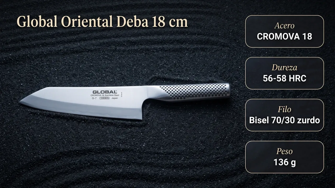 Ficha técnica del deba oriental Global zurdo: acero CROMOVA 18, 56-58 HRC de dureza, bisel 70/30 invertido y 136 gramos de peso