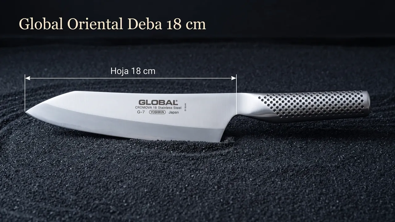 Medidas del deba oriental Global para zurdos: 18 cm de hoja, con el mango de acero lastrado fuera de la cota