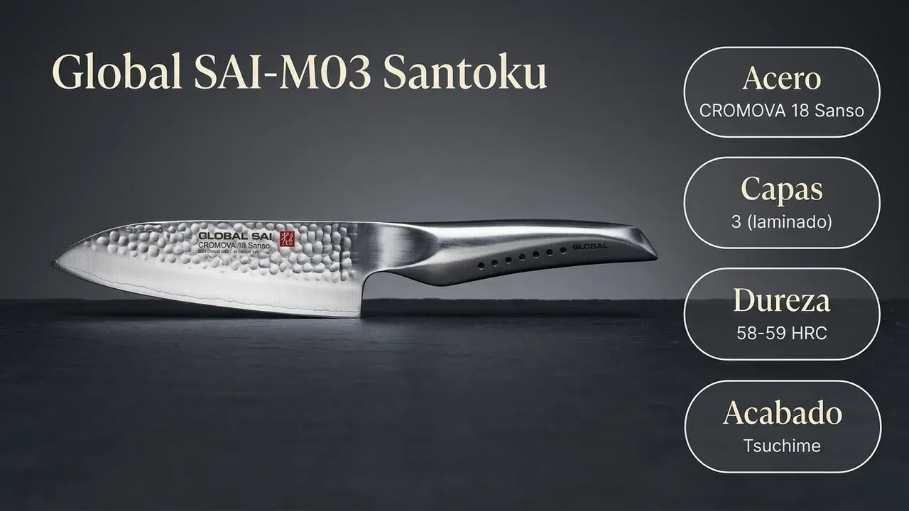 Ficha técnica del Santoku Global SAI-M03: acero CROMOVA 18 Sanso laminado en 3 capas, núcleo a 58-59 HRC y acabado martillado tsuchime