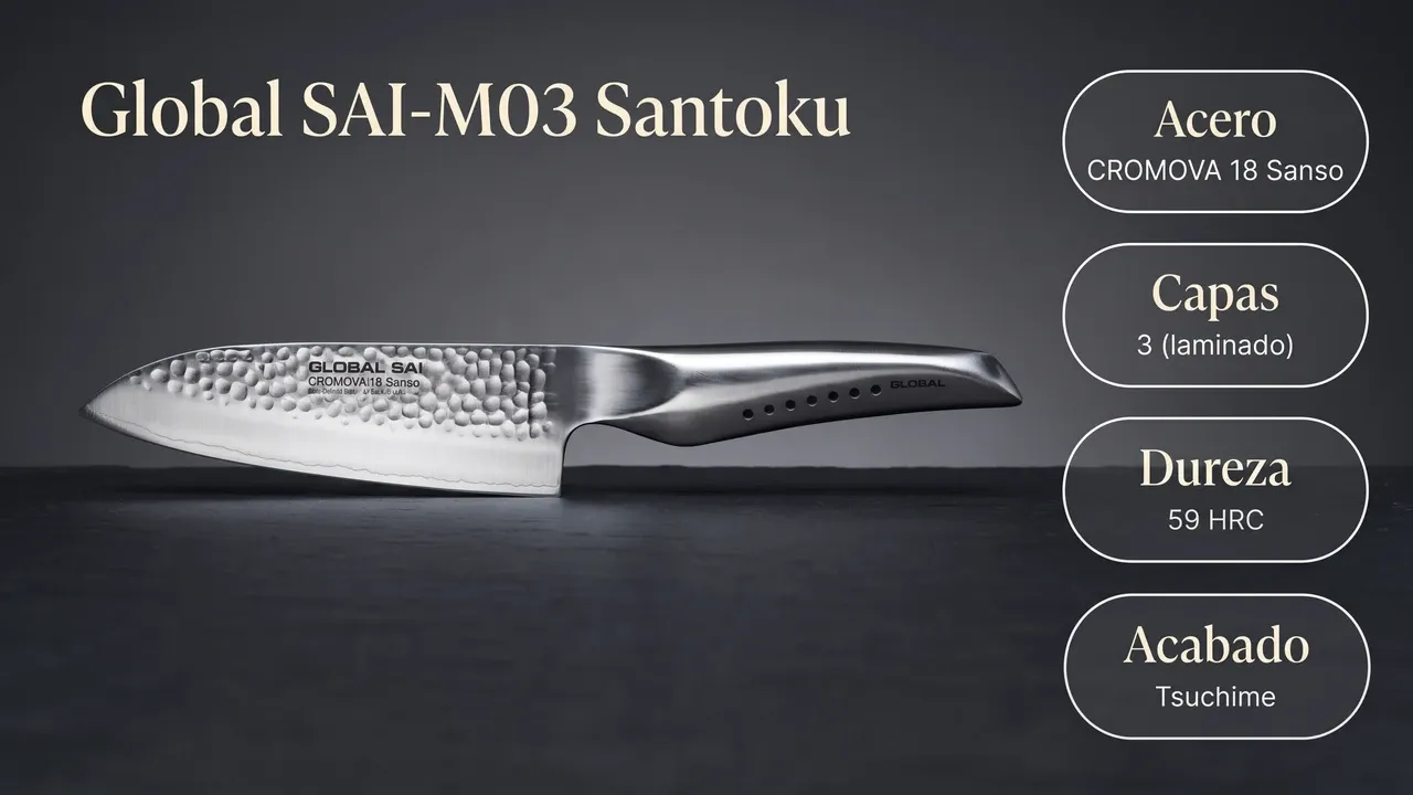Ficha técnica del Santoku Global SAI-M03: acero CROMOVA 18 Sanso laminado en 3 capas, 59 HRC y acabado martillado tsuchime