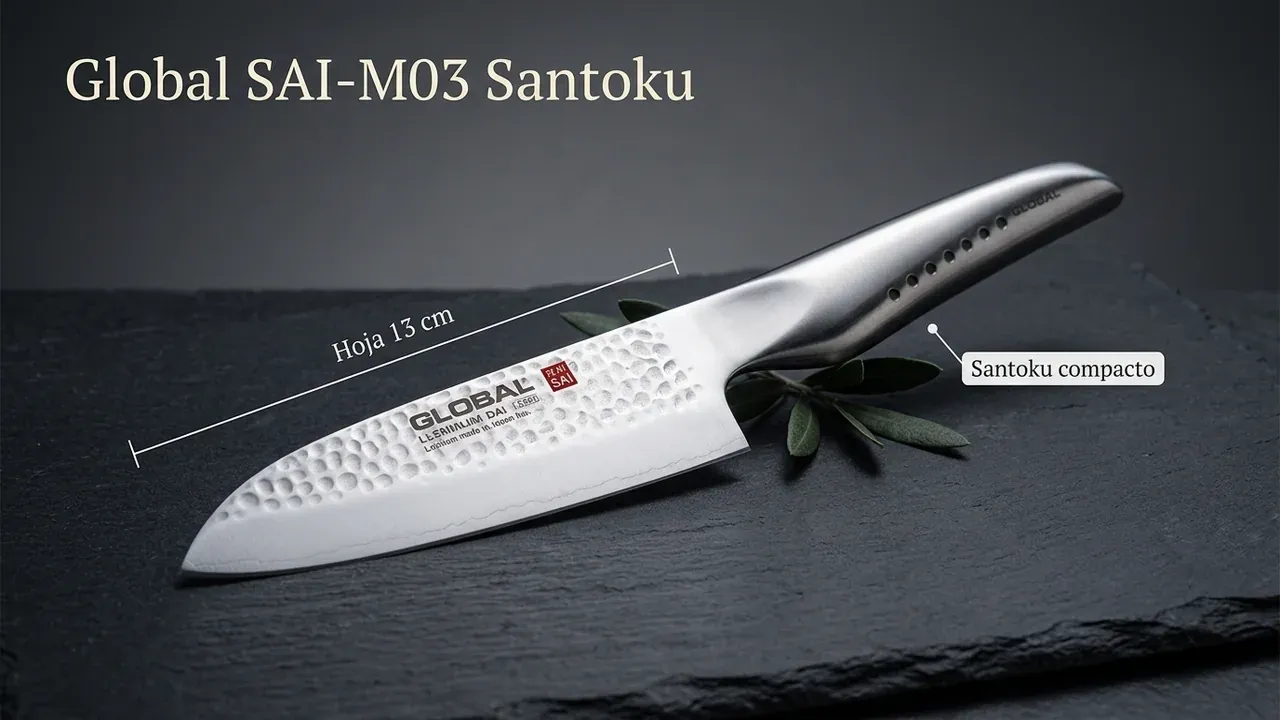 Medidas del Santoku Global SAI-M03: hoja compacta de 13 cm con acabado martillado tsuchime y mango de acero de la serie SAI