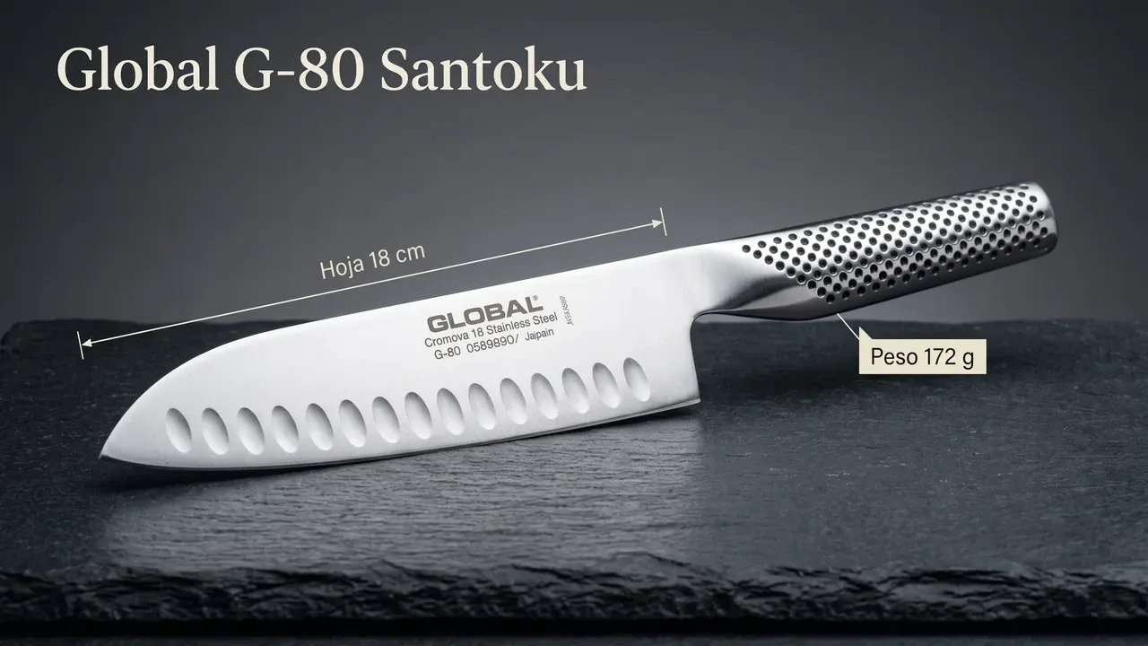 Medidas del Santoku Global G-80: hoja alveolada de 18 cm y 172 g de peso, con mango de acero de hoyuelos
