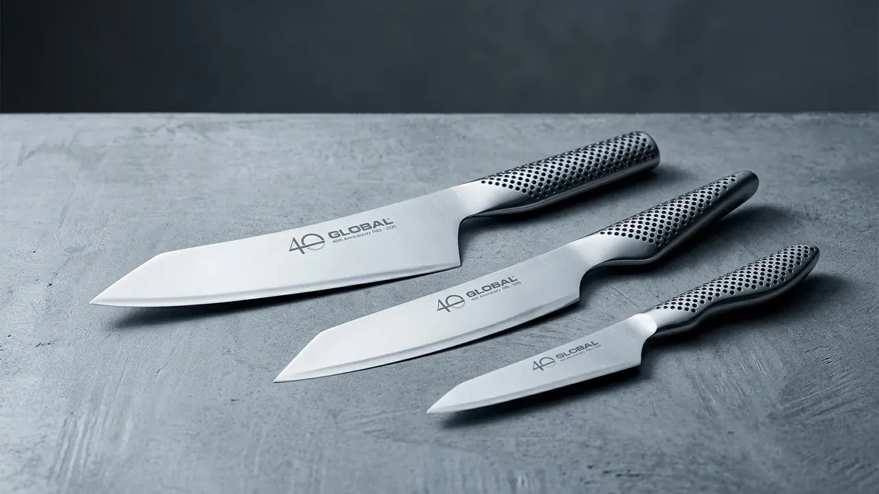 Set Global G-458110 del 40 aniversario con sus tres cuchillos, kiritsuke, chef y utility, de mango integrado de acero inoxidable moteado