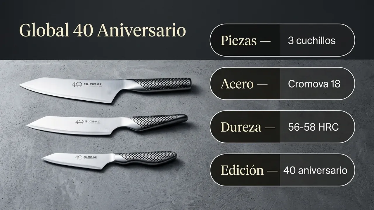 Ficha técnica del set Global 40 aniversario: 3 cuchillos en acero Cromova 18, 56-58 HRC de dureza, edición conmemorativa