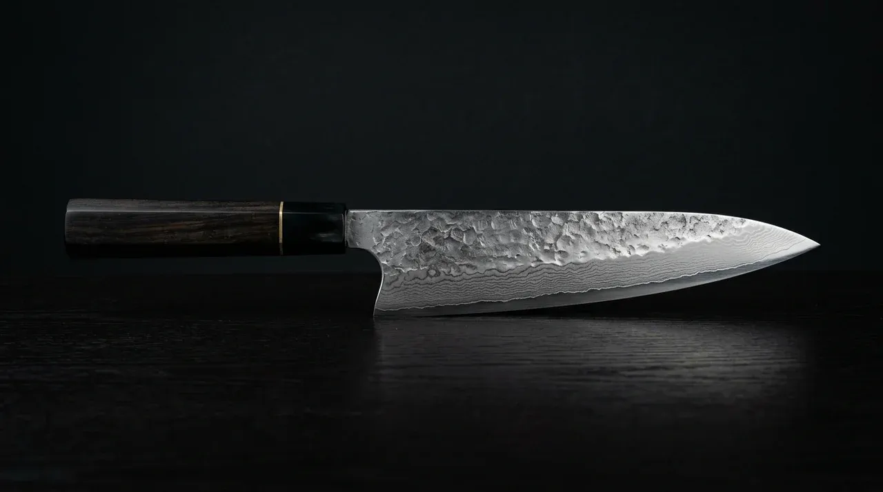 Vista lateral de un cuchillo Gyuto japonés mostrando el belly de la hoja y la punta pronunciada sobre fondo oscuro