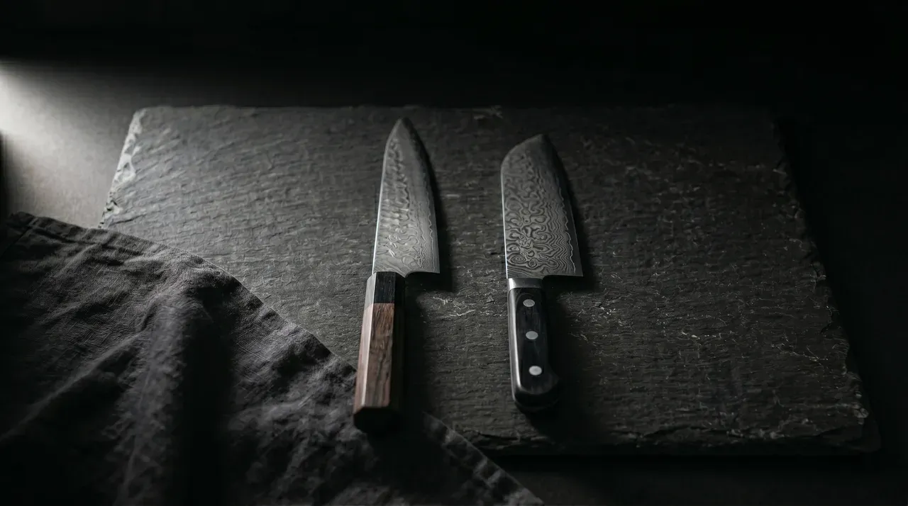 Cuchillo Gyuto y cuchillo Santoku sobre pizarra oscura, comparativa de forma y tamaño
