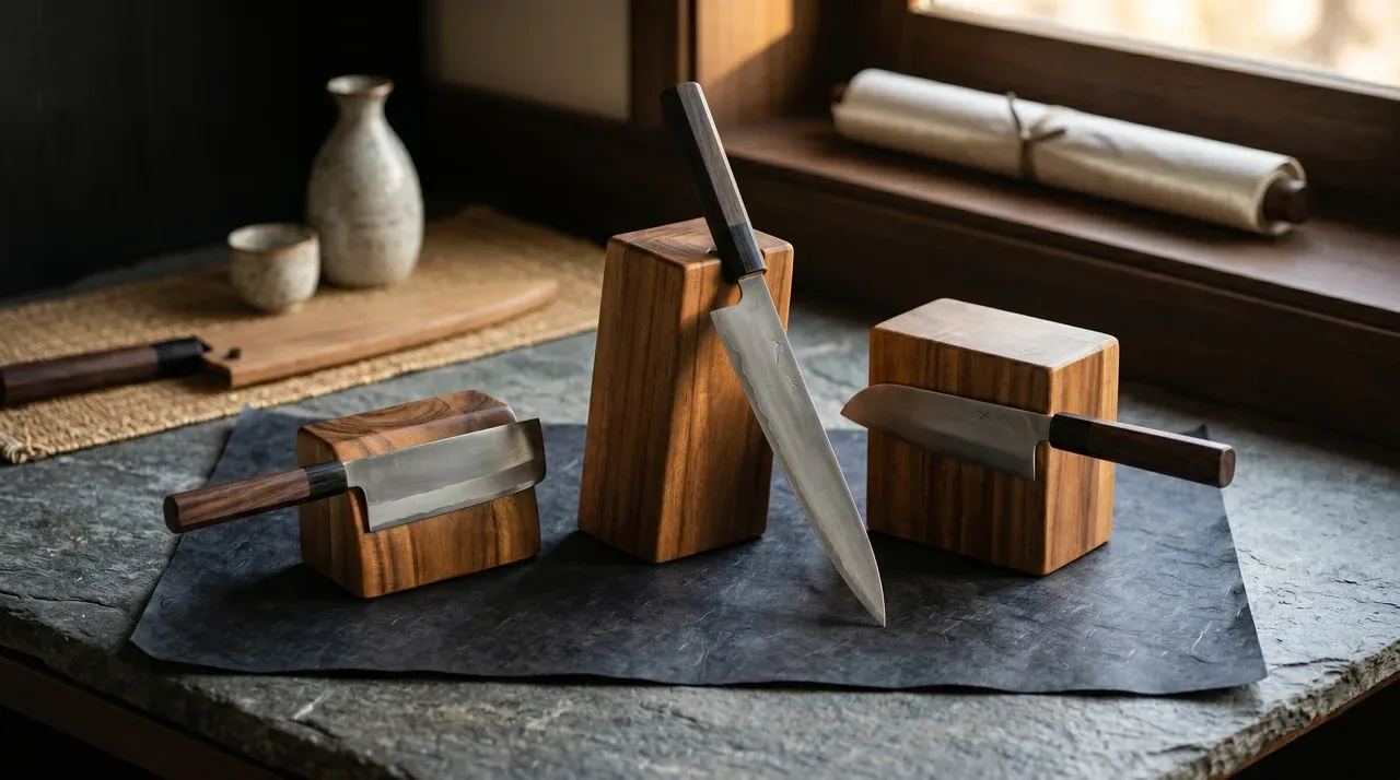 Tres bloques magnéticos de madera con cuchillos japoneses encajados sobre washi y piedra oscura
