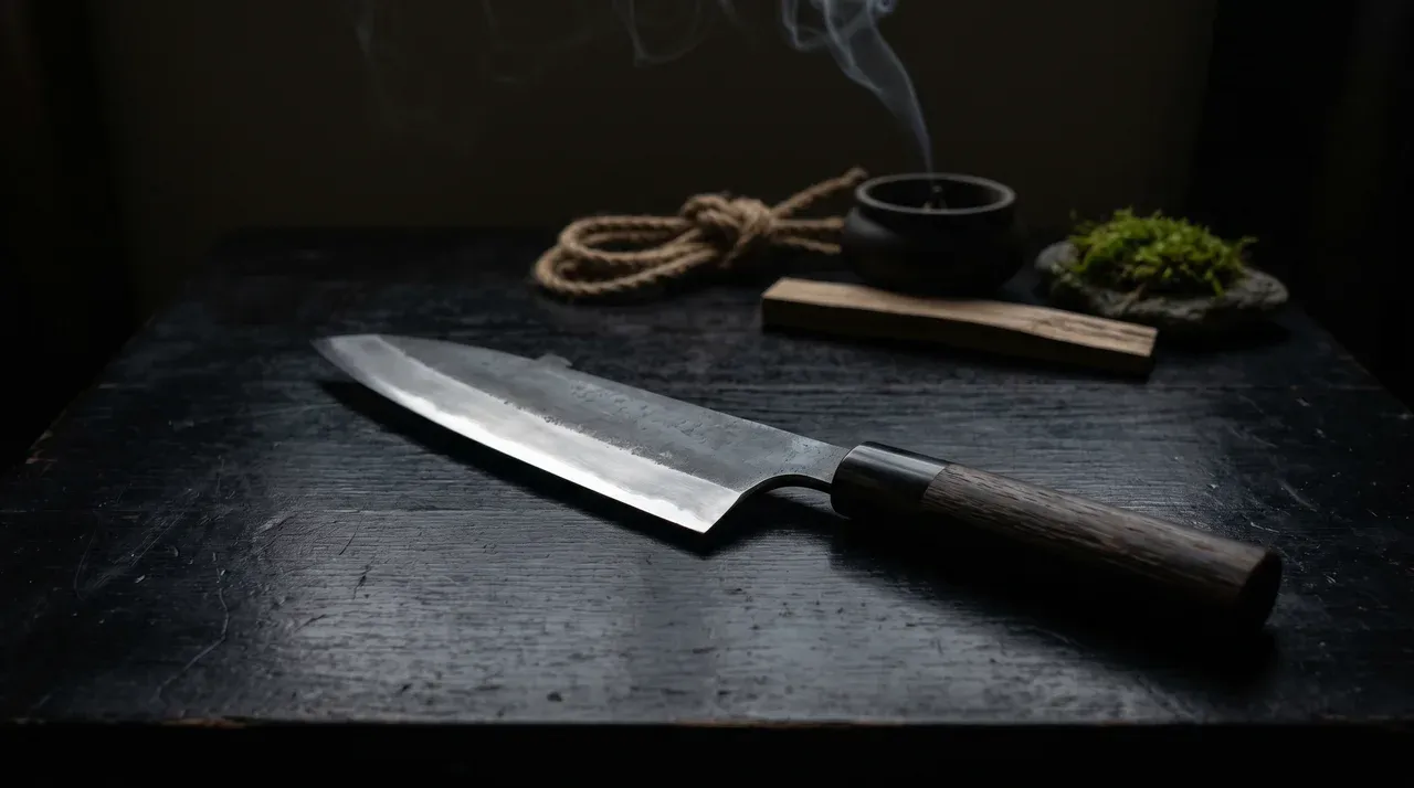 Cuchillo Deba japonés de hoja gruesa y mango wa sobre piedra oscura con tetsubin, furoshiki índigo y rama de cerezo seco