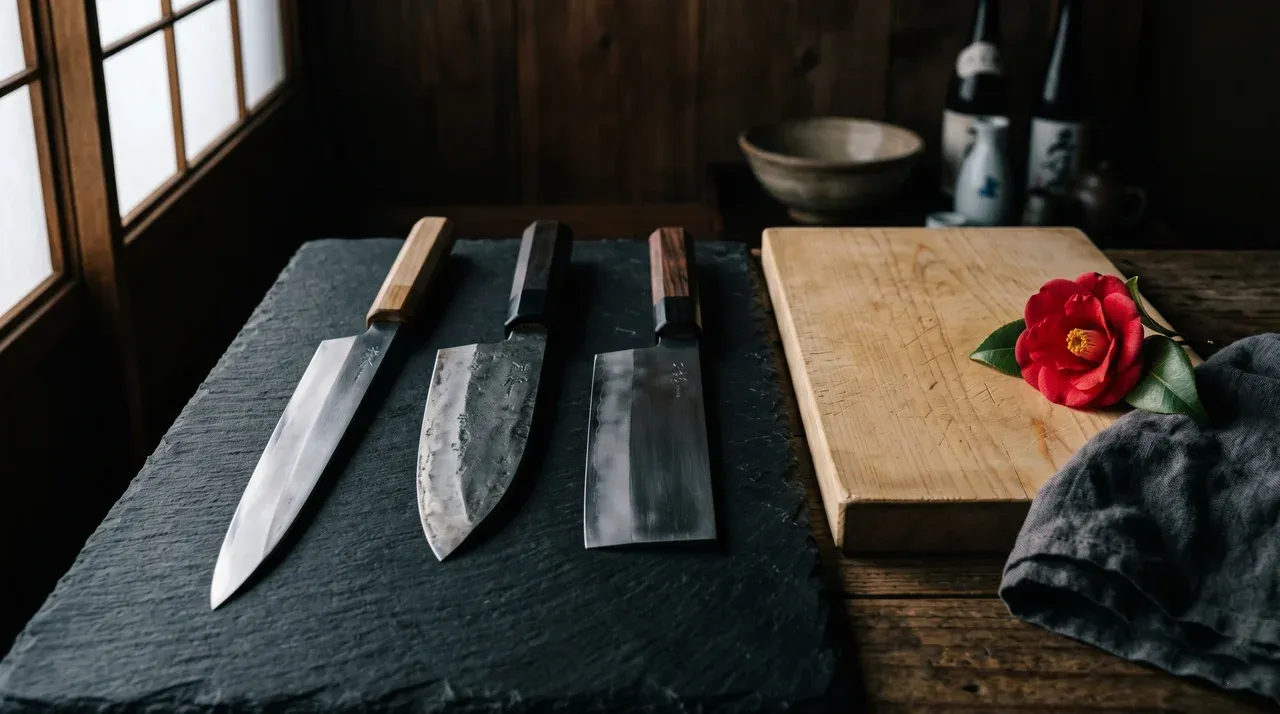 Yanagiba, Deba y Usuba japoneses junto a tabla de hinoki y flor tsubaki sobre pizarra oscura