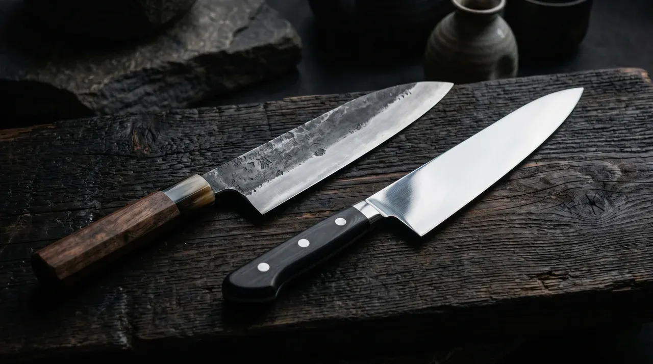 Cuchillo japonés artesanal junto a cuchillo industrial sobre tablón de madera oscura
