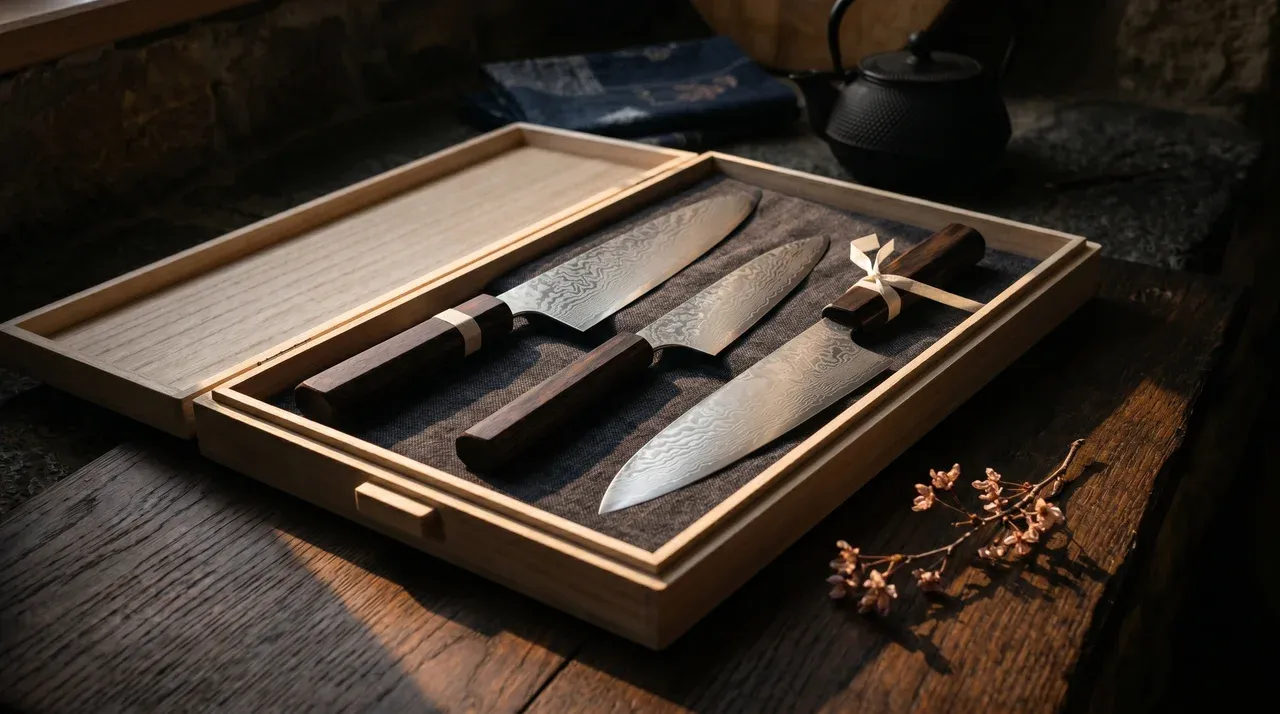 Set de tres cuchillos japoneses de hoja damasco en caja kiri abierta sobre mesa de madera, con rama seca y tetsubin japonés de fondo
